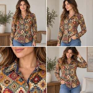 Cino Blouse Womens Small Southwestern Geometric Button Front Long Sleeve Boho